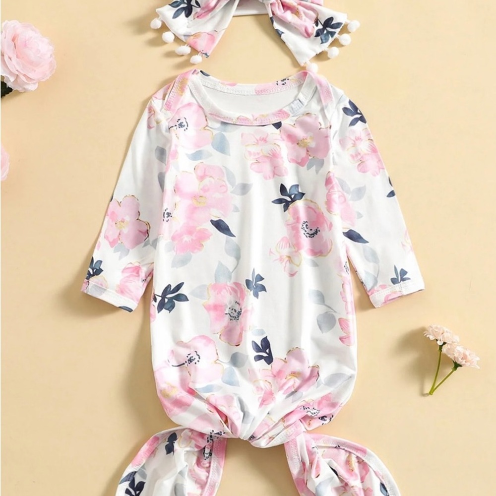 Floral Baby Knot Gown with Matching Headband